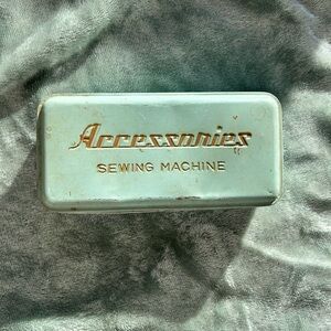 Vintage Blue Teal Metal Hinged Lid Sewing Machine Accessories Box